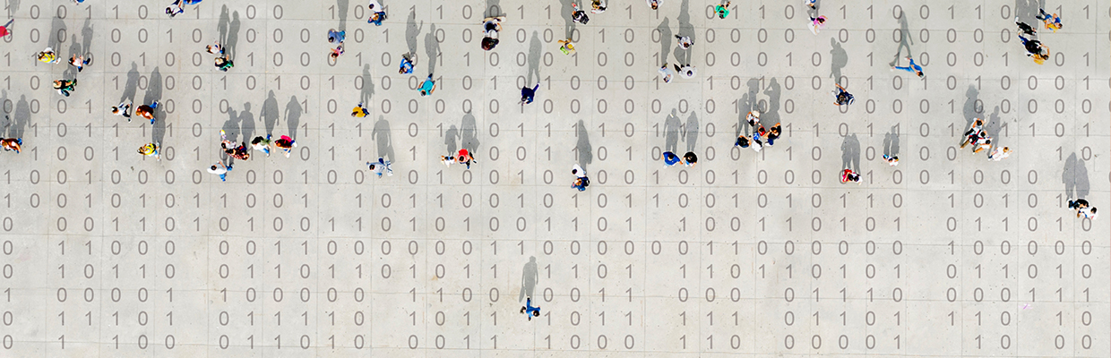 overhead view of small groups of people with shadows walking on a background of 0 and 1 of data code on a bright white background