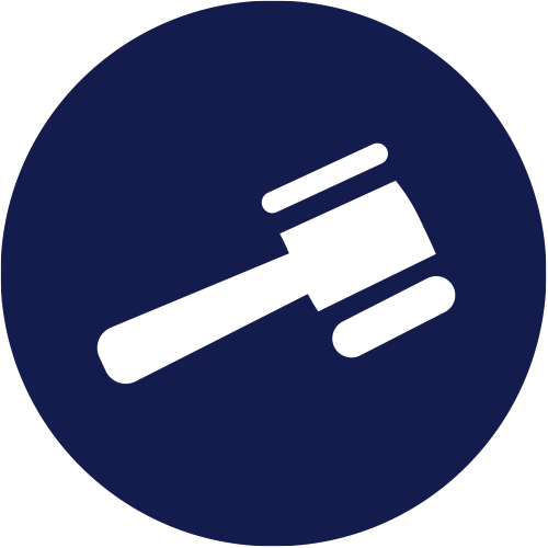 icon image of a gavel inside a navy blue circle