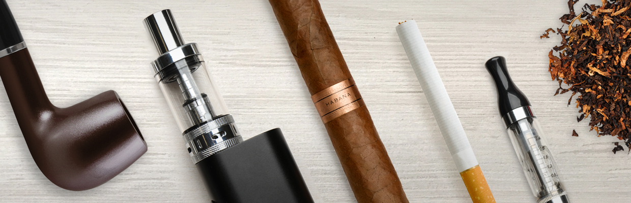 Image with different smoking devices including pipe, cigarette, cigar, vape, etc on a grey background