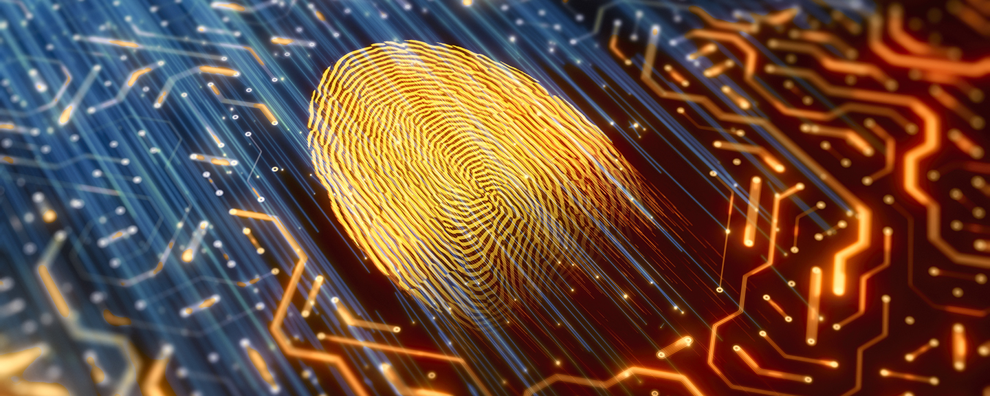 golden digital fingerprint in the center of a multicolored digital computer motherboard