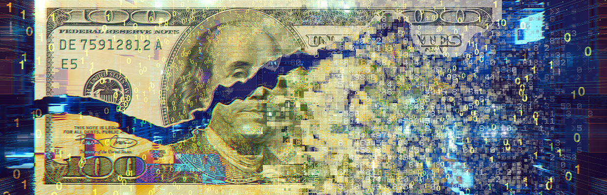 a split digital image of a $100 American paper money bill that is disintegrating into a dark navy background with light colored 0 and 1 digits