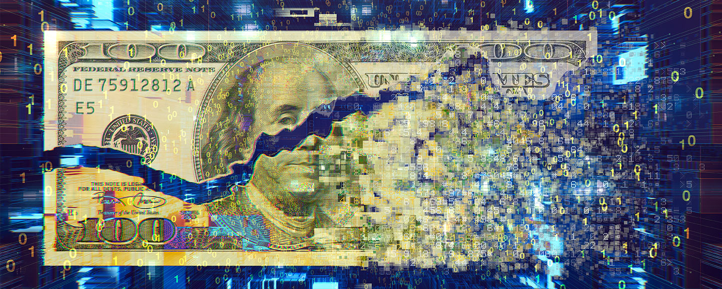 a split digital image of a $100 American paper money bill that is disintegrating into a dark navy background with light colored 0 and 1 digits