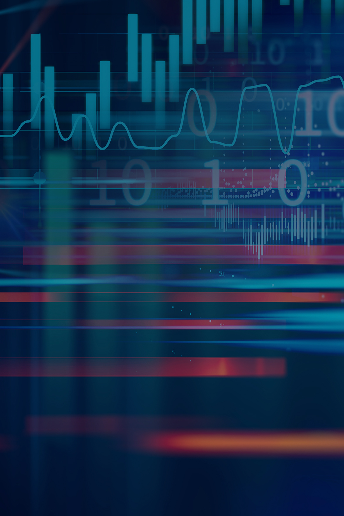 digital image of financial bar and line graphs on a dark navy background
