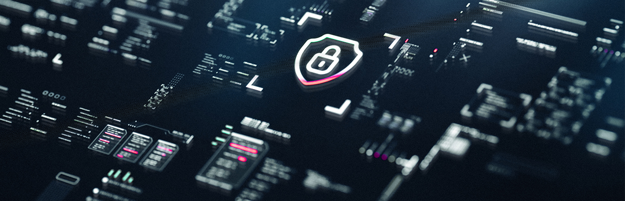 icon image of a padlock in a shield on the background of a blurred computer code