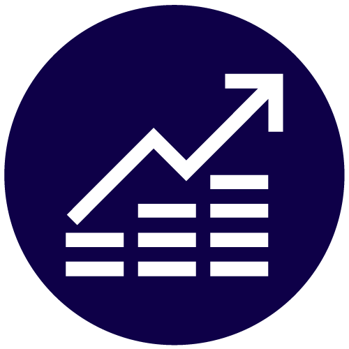 icon image of a bar graph going up on navy blue circle