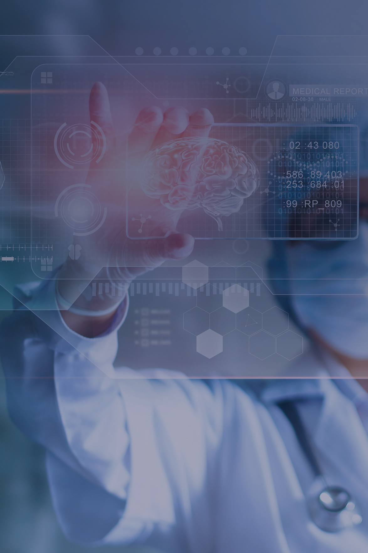  a medical professional wearing white scrubs and lab coat and medical mask on face reaching out to a image of a brain on a clear screen in front of him