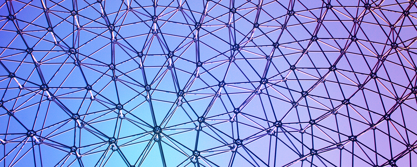 metal bars making a transparent sphere on a blue and violet background