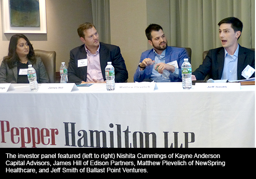 Nishita Cummings of Kayne Anderson Capital Advisors, James Hill of Edison Partners, Matthew Plevelich of NewSpring Healthcare, and Jeff Smith of Ballast Point Ventures.