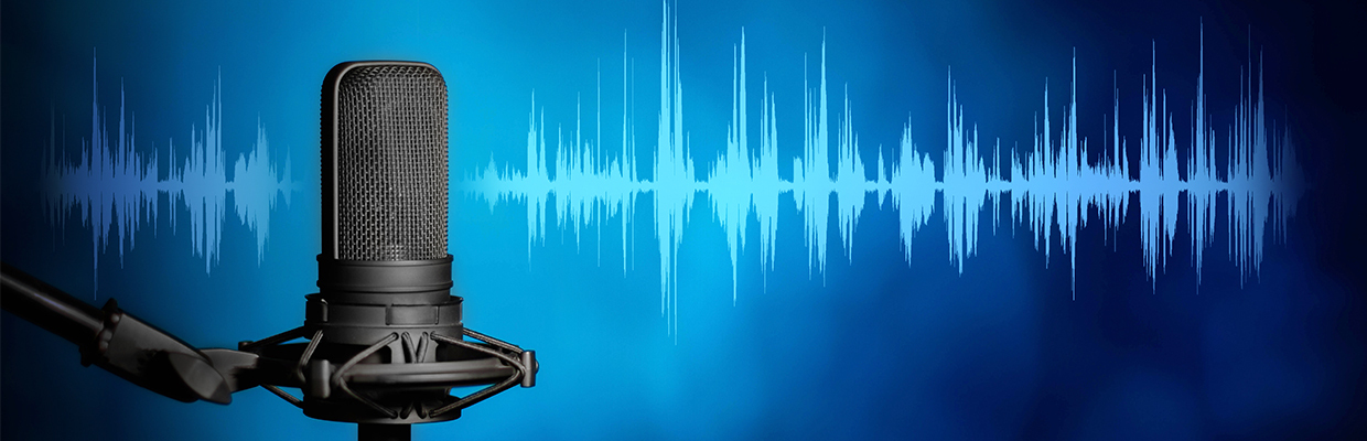 radio microphone with graphic of noise/speaking lines going across image on a blue center fade to black background