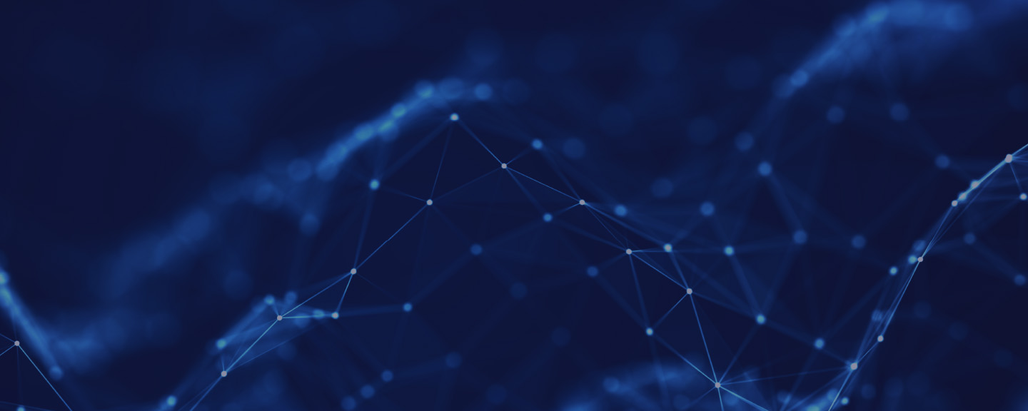 a dark blue background with a network of interconnected lines and nodes, resembling a digital or technological web. The lines are thin and light blue, forming geometric shapes and patterns across the image. The nodes are small, glowing points where the lines intersect, creating a sense of depth and complexity. The overall appearance is abstract and futuristic, suggesting themes of connectivity and data networks.
