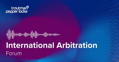 The background features a gradient of blue and purple colors with a pattern of small dots forming concentric circles. The text 'Troutman Pepper Locke' is displayed in the upper left corner in white font. Below, there is a waveform graphic followed by the text 'International Arbitration Forum' in bold white letters.