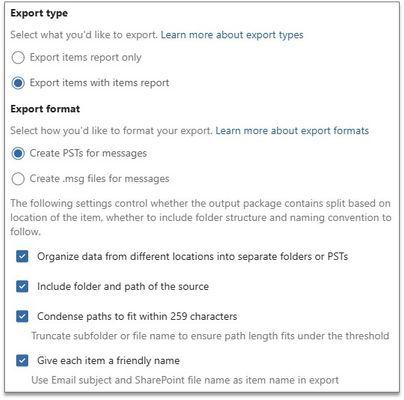 Screenshot: Export type and Export format