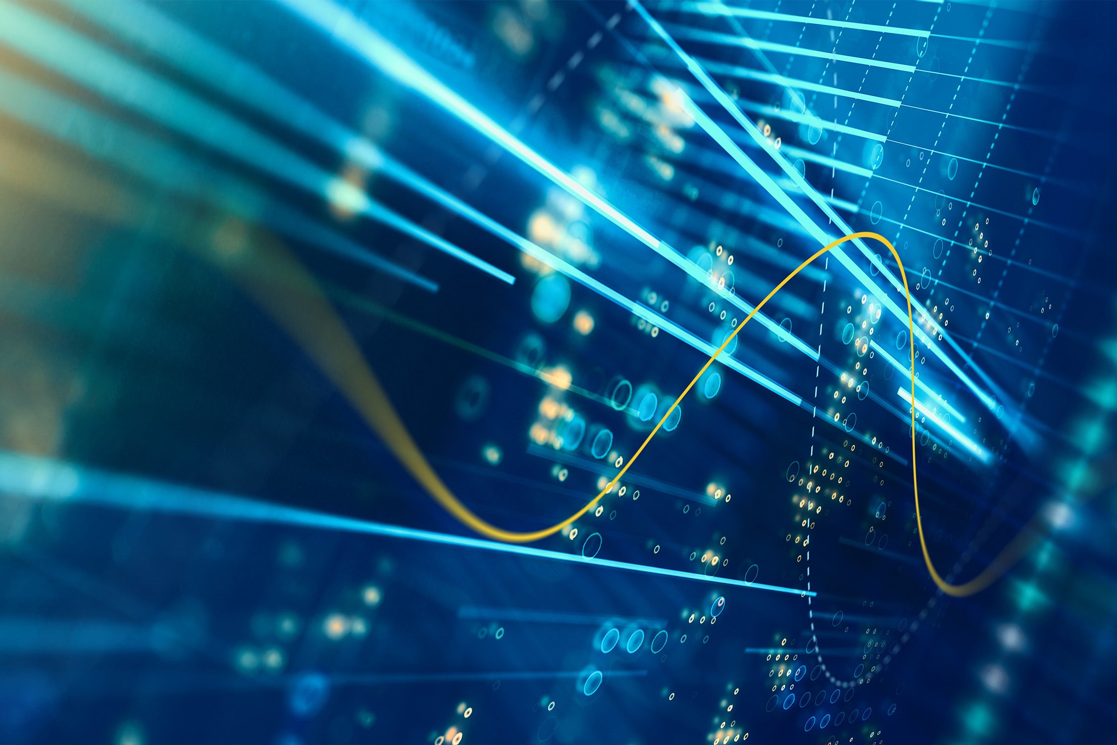 digital graphic with a deep blue background featuring neon-blue horizontal and diagonal light trails, clusters of small glowing blue and yellow dots resembling data points, and a single smooth yellow curve sweeping from the lower left to the upper right, evoking high-speed data flow
