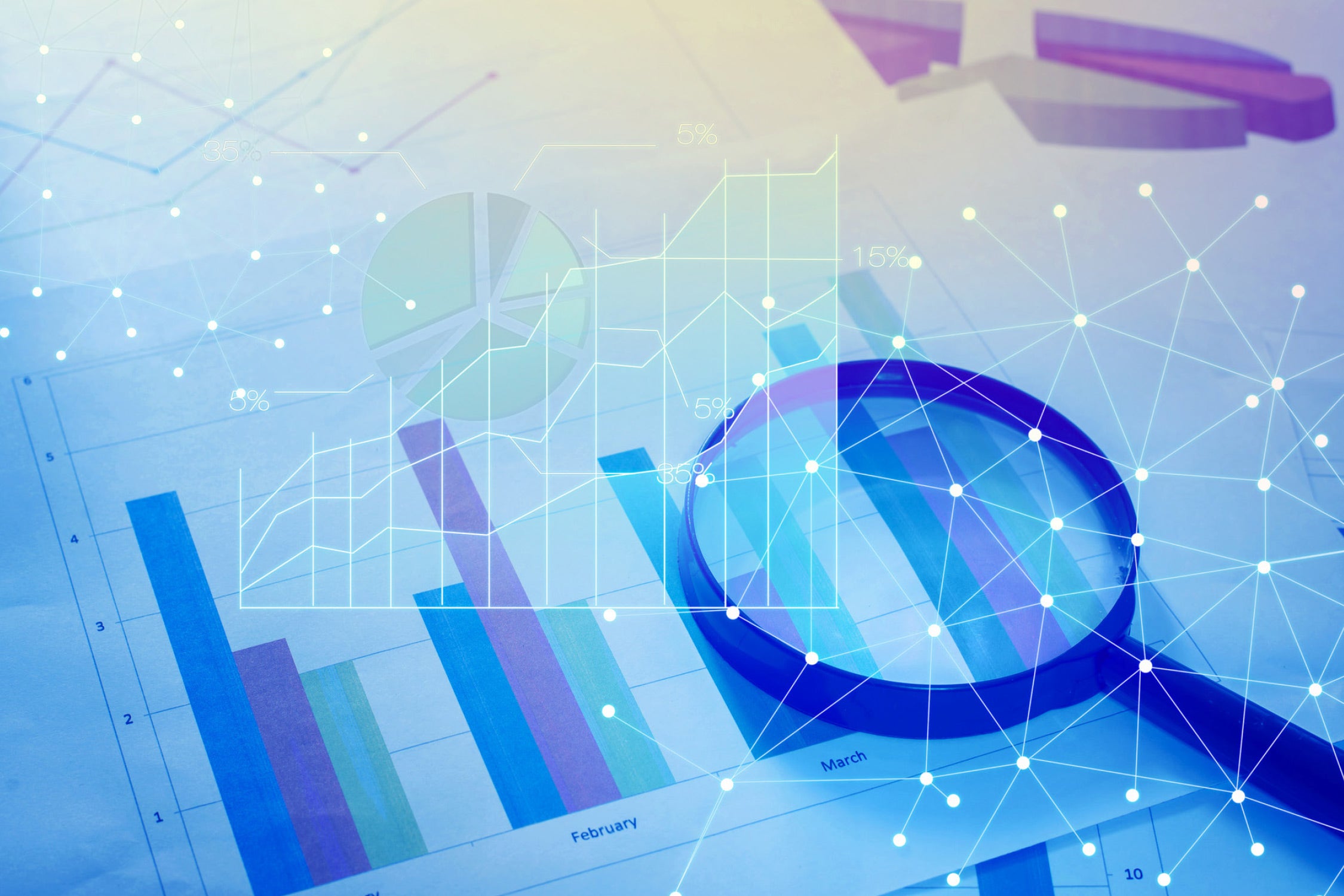 Magnifying glass over bar and pie charts with an overlaid network of data points