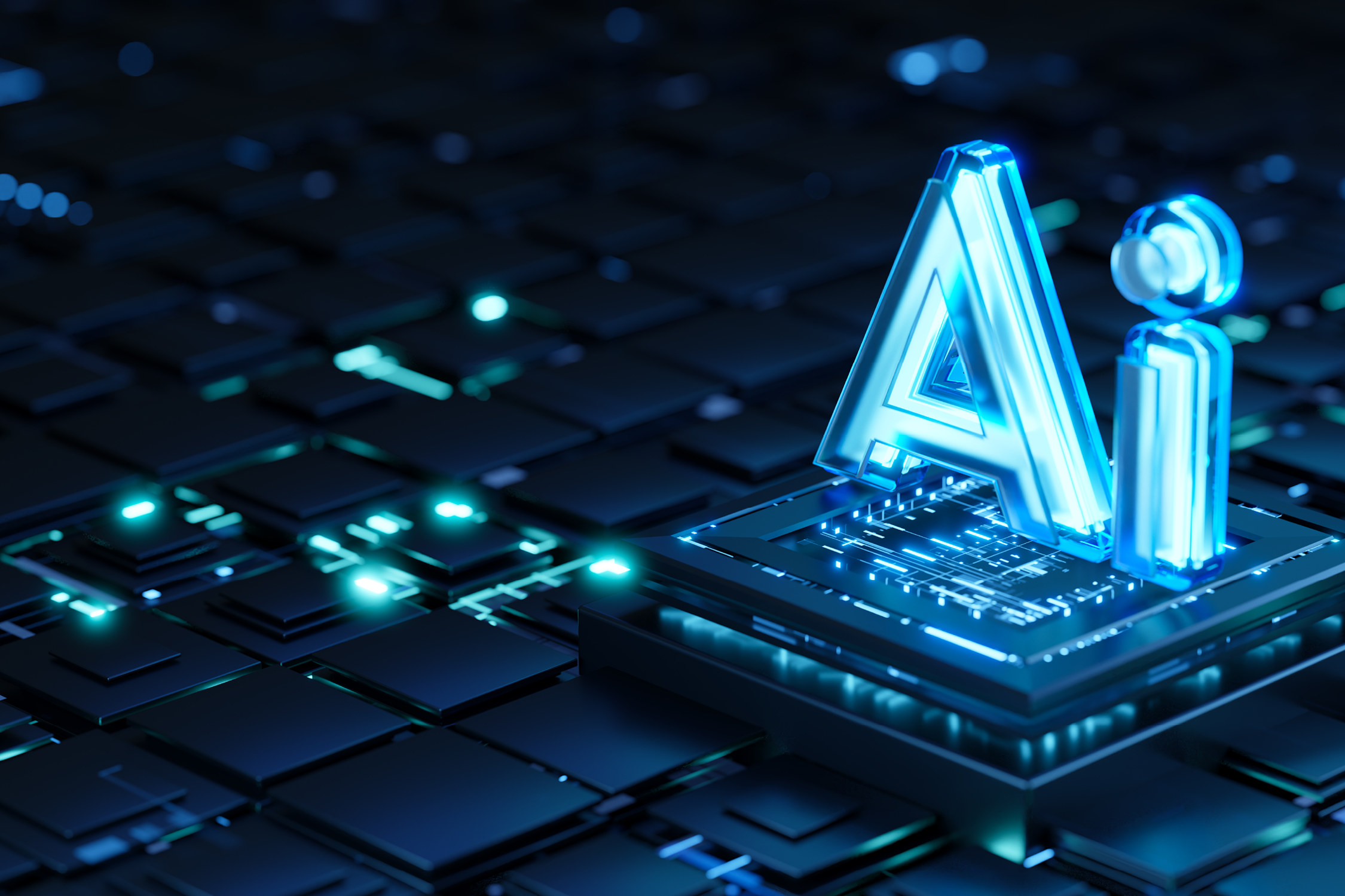 3D illustration of the glowing letters AI standing on a futuristic circuit board, surrounded by dark blue tiles and teal lights, representing advanced artificial intelligence technology.