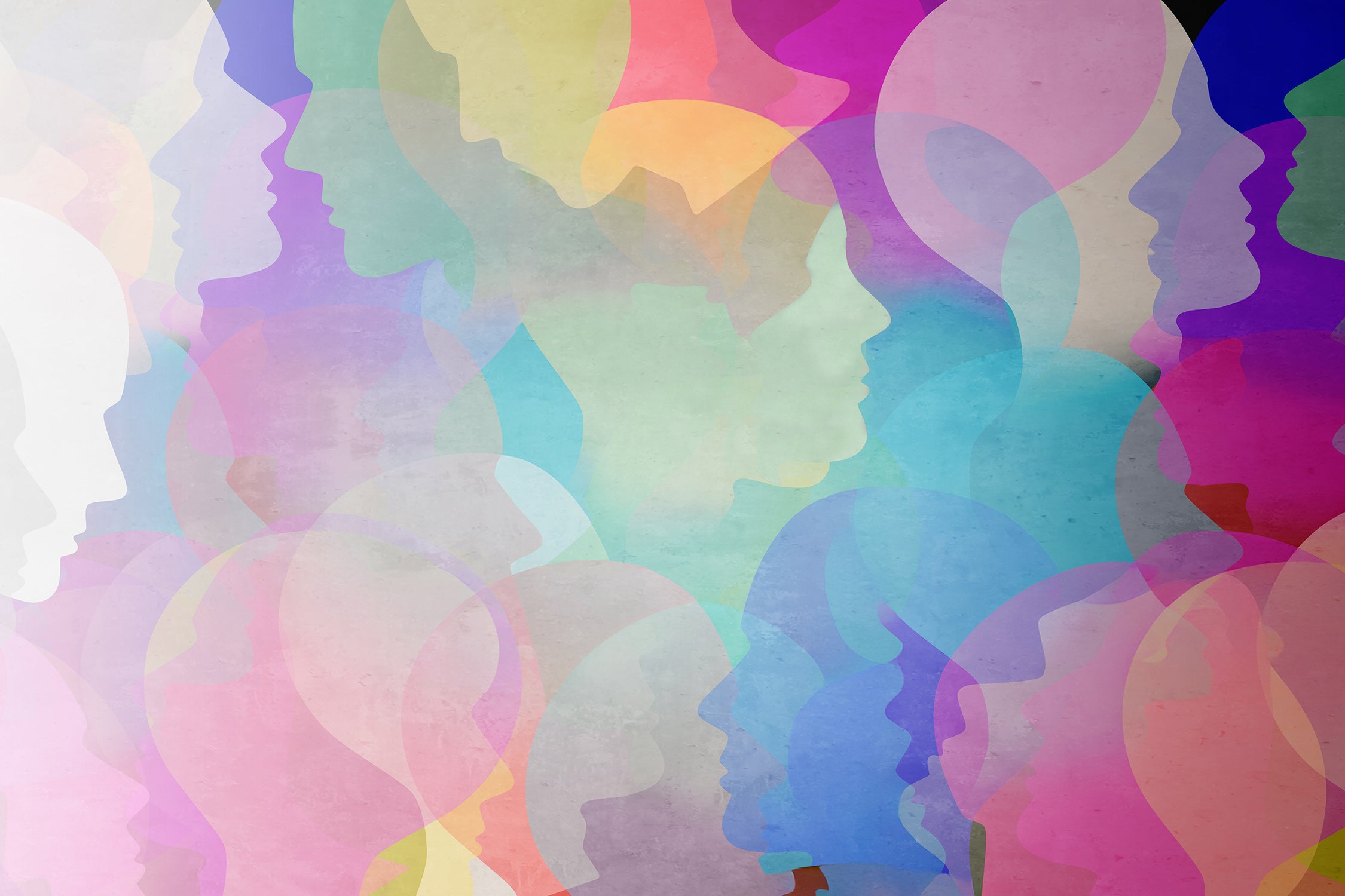 Abstract illustration featuring overlapping translucent human profiles in a wide range of pastel and vibrant colors, symbolizing a diverse, inclusive community.
