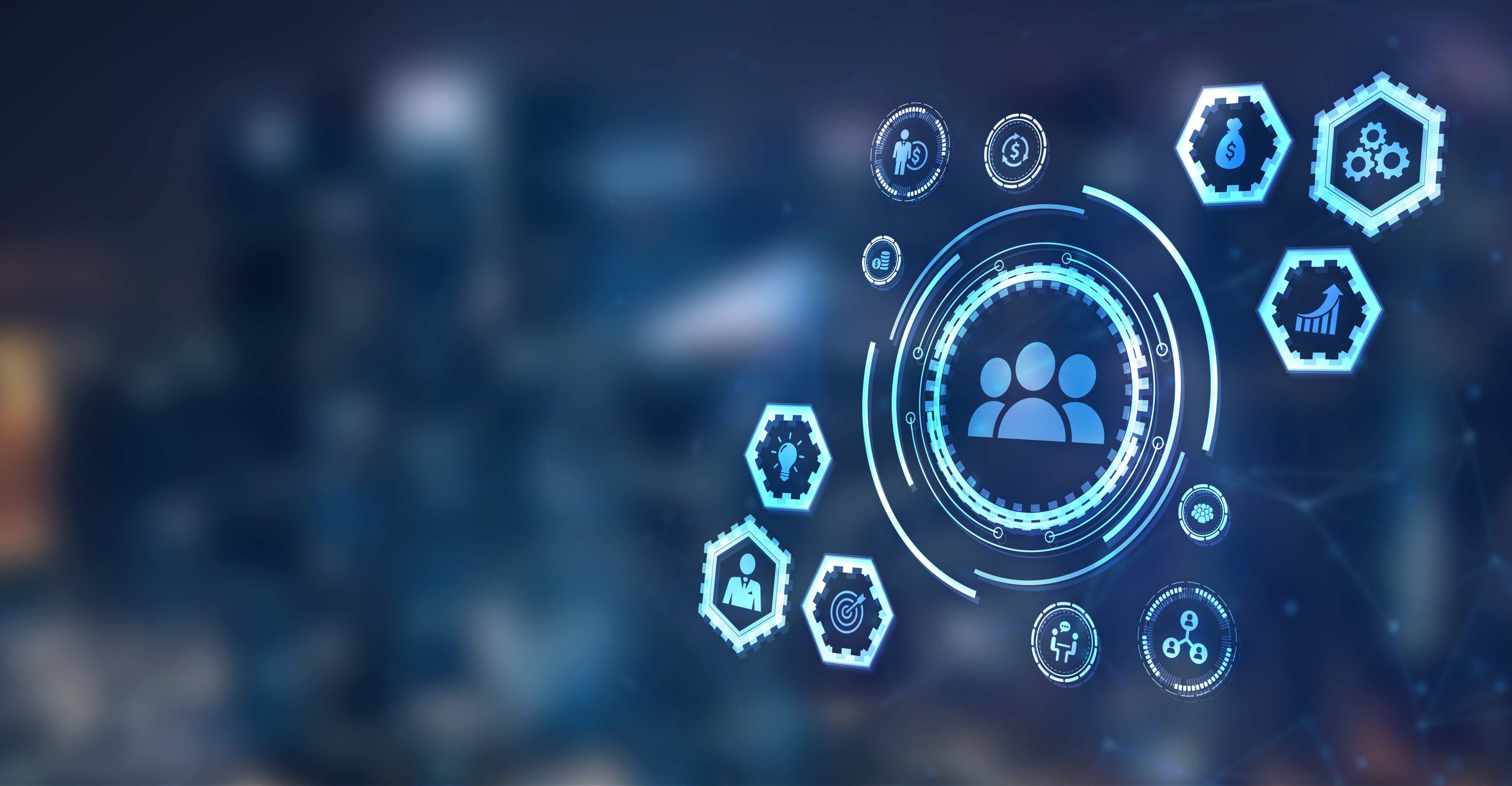 A digital illustration of interconnected hexagonal icons representing employee benefits concepts, including compensation, growth, leadership, goals, and teamwork, surrounding a central circular emblem with a group of people icon, set against a dark blue bokeh background.