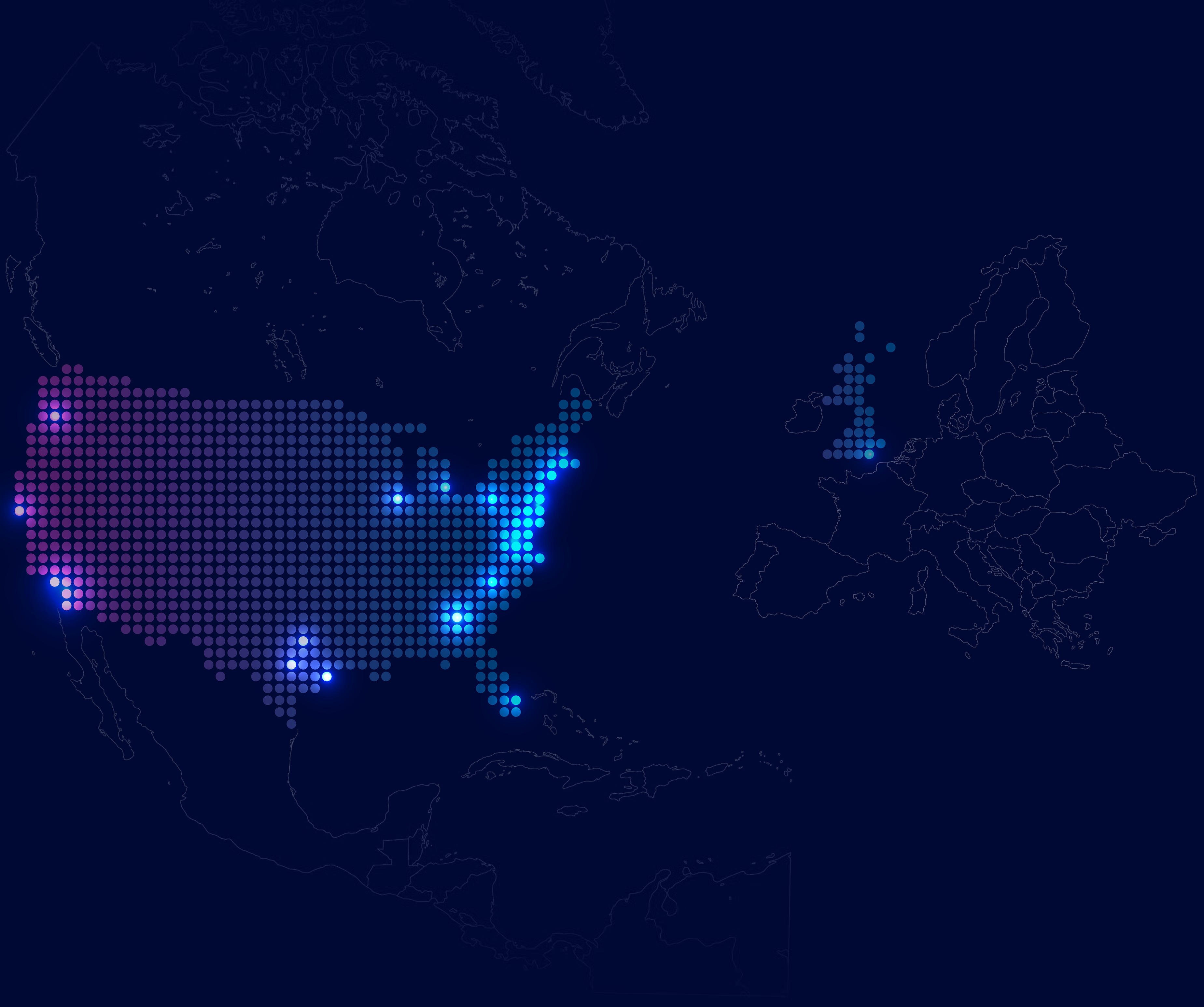 Glowing dot map of locations across North America and Europe