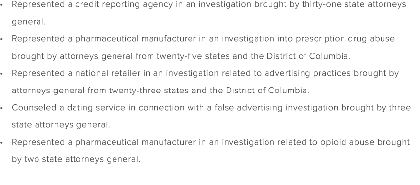 Represented a credit reporting agency in an investigation brought by thirty one state attorneys general. Represented ...