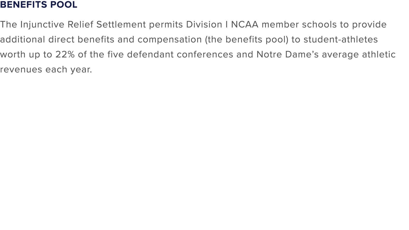 Benefits Pool The Injunctive Relief Settlement permits Division I NCAA member schools to provide additional direct be...
