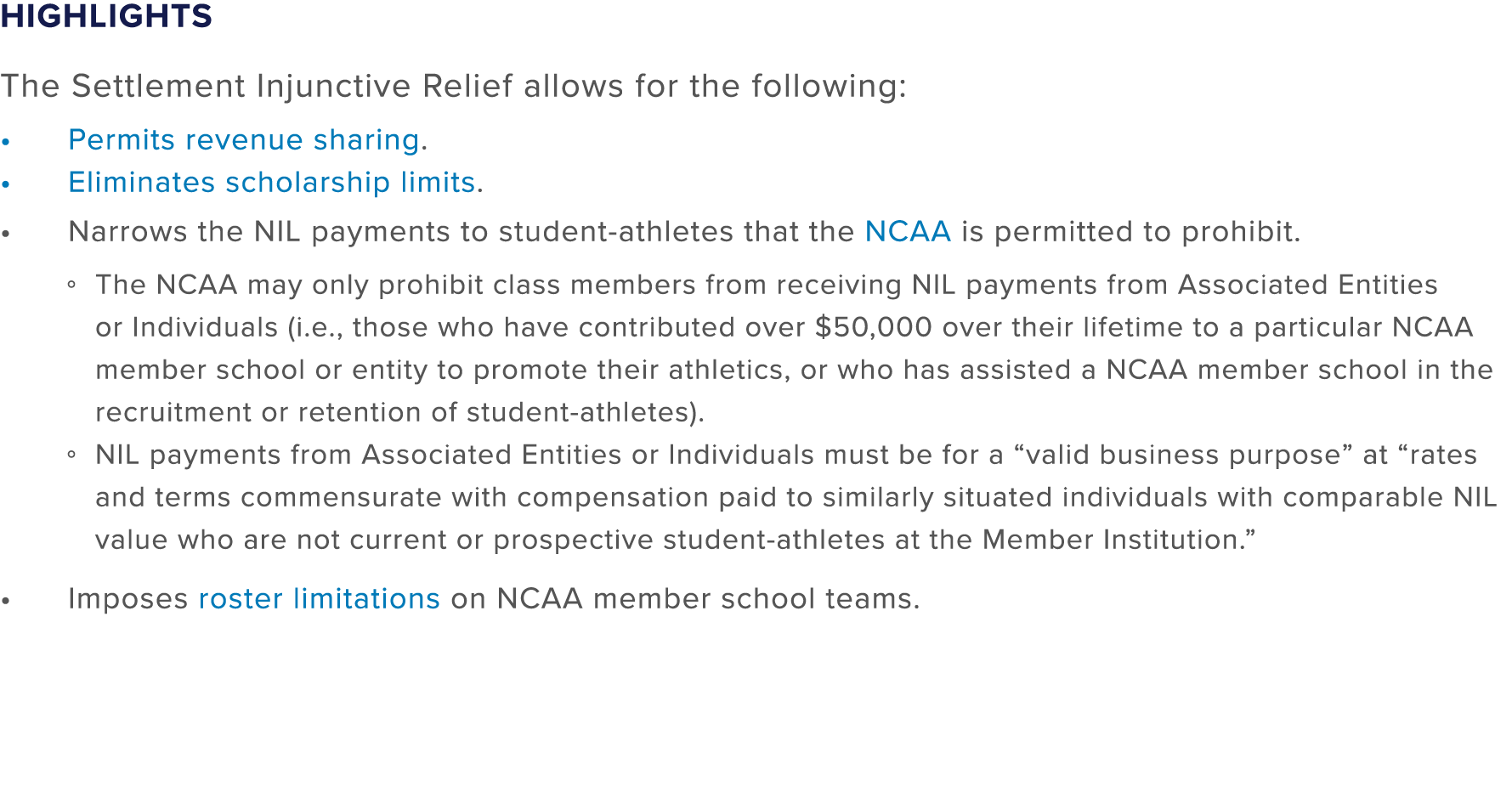 Highlights The Settlement Injunctive Relief allows for the following: Permits revenue sharing. Eliminates scholarship...