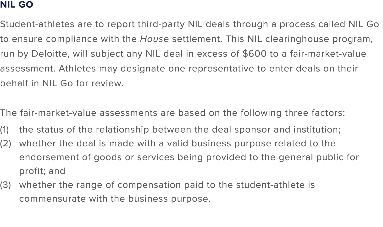 NIL Go Student athletes are to report third party NIL deals through a process called NIL Go to ensure compliance with...