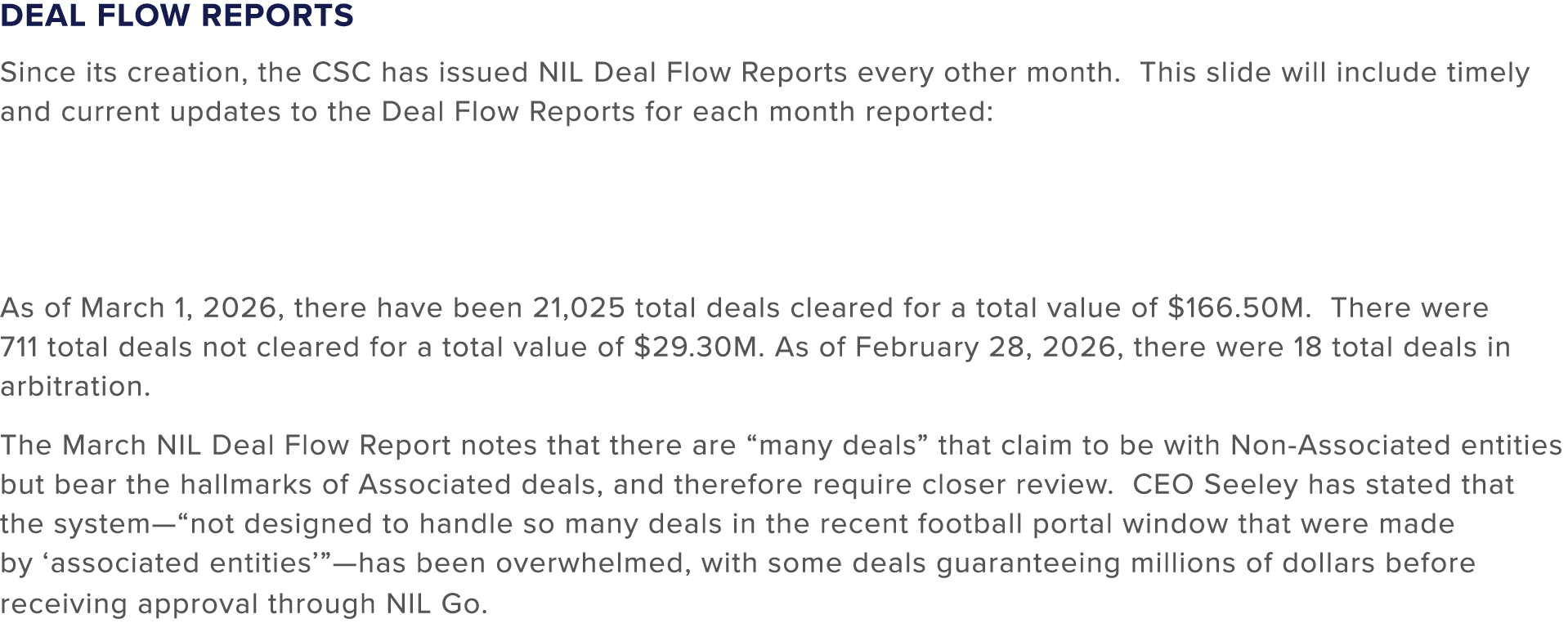 Deal Flow Reports Since its creation, the CSC has issued NIL Deal Flow Reports every other month. This slide will inc...