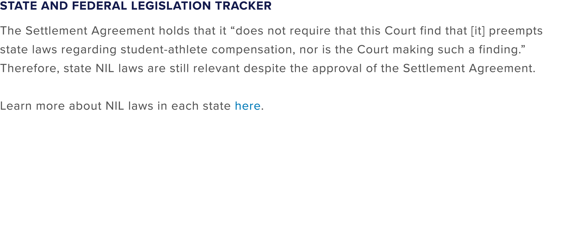 State and Federal Legislation Tracker The Settlement Agreement holds that it “does not require that this Court find t...