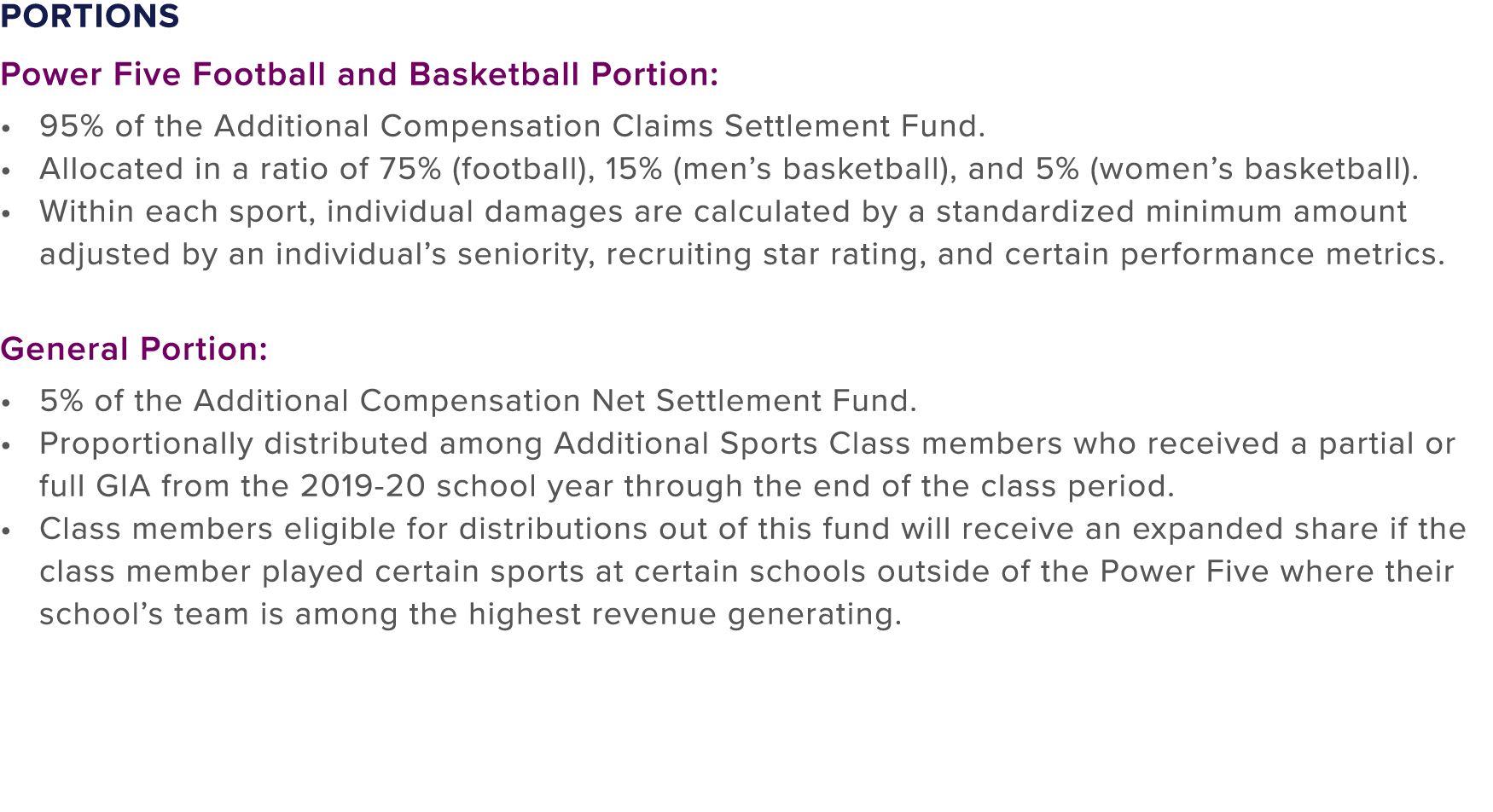 Portions Power Five Football and Basketball Portion: 95% of the Additional Compensation Claims Settlement Fund. Alloc...