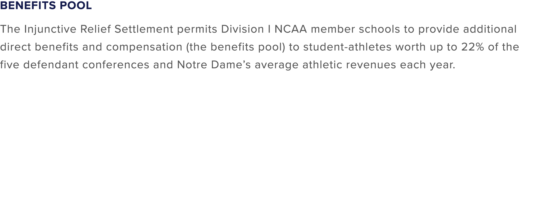 Benefits Pool The Injunctive Relief Settlement permits Division I NCAA member schools to provide additional direct be...